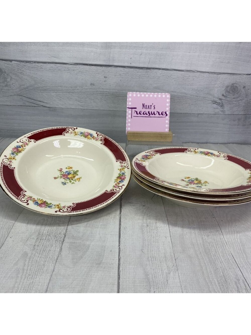 MCM Homer  Laughlin HL1060 Red Insets Pink Blue Yellow Flowers Soup Bowls Set 4